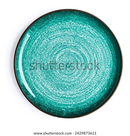 Trendy Circle green turquoise sand grain texture handmade Ceramic Dish plate, top view stoneware plate isolated white.  Royalty-Free Stock Photo #2429873611