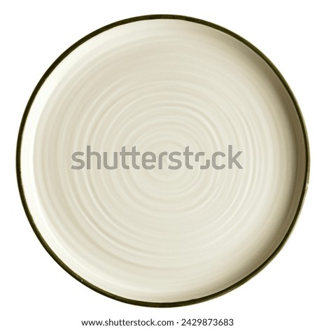 Trendy Circle Beige sand grain texture handmade Ceramic Dish plate, top view stoneware plate isolated white.  Royalty-Free Stock Photo #2429873683