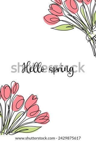 Hello spring, postcard line art, bouquet of tulips single line drawing. vector illustration