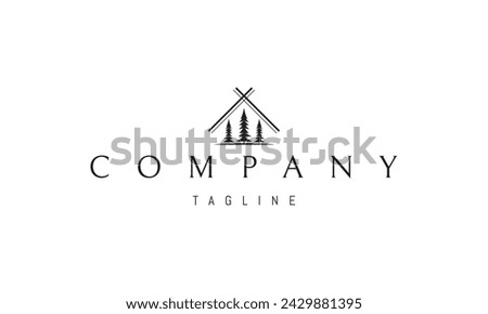 A vector logo with an abstract image of three pine trees under the roof of a hut.