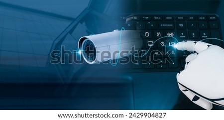 Robot hand touching keyboard that has a security symbol.Contemporary security camera on a wall. Background of metropolis featuring HUD, abstract infographics. Toned picture mockup with double exposure