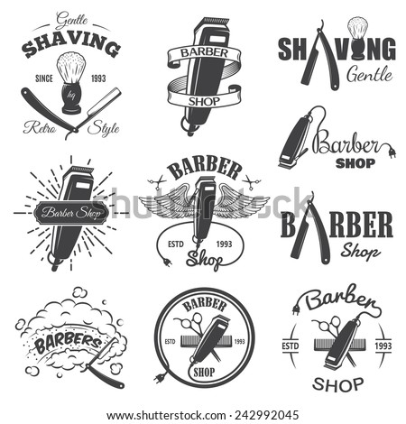Set of vintage barber shop emblems, label, badges and designed elements. Monochrome linear style Royalty-Free Stock Photo #242992045