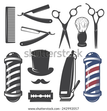 Set of vintage barber shop elements. Monochrome linear style Royalty-Free Stock Photo #242992057