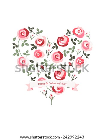 Modern floral St. Valentine greeting card. Beautiful heart made of roses.
