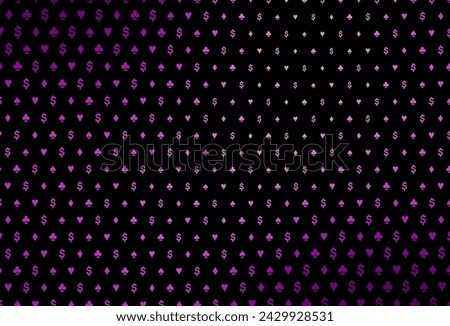 Dark purple vector cover with symbols of gamble. Colored illustration with hearts, spades, clubs, diamonds. Template for business cards of casinos.