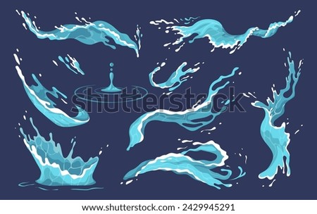 Water wave. Ocean circle splash spray or game liquid falling drop, fluid stream and drip animation symbols. Clean fresh aqua different shapes, blue flowing particles. Vector cartoon set