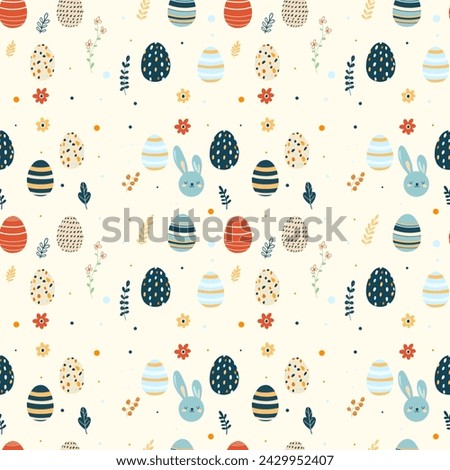 seamless pattern with happy easter. seamless background with easter symbols, easter eggs, flowers, eggs, rabbit, bunny, rabbit, eggs.Easter bunny clip art. sstkEaster