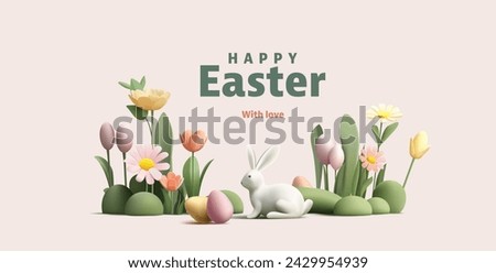 Happy Easter poster with 3d render Easter eggs and bunny in flowers field, egg hunting, game banner Royalty-Free Stock Photo #2429954939