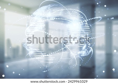 Abstract graphic digital world map hologram with connections on modern interior background, globalization concept. Multiexposure