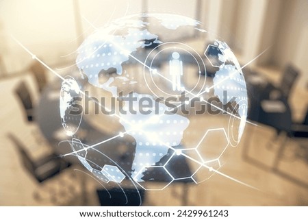 Virtual social network media hologram and world map on a modern coworking room background. Double exposure