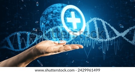 Hand showcasing medical technologies with a holographic plus sign and DNA structure, digital health concept