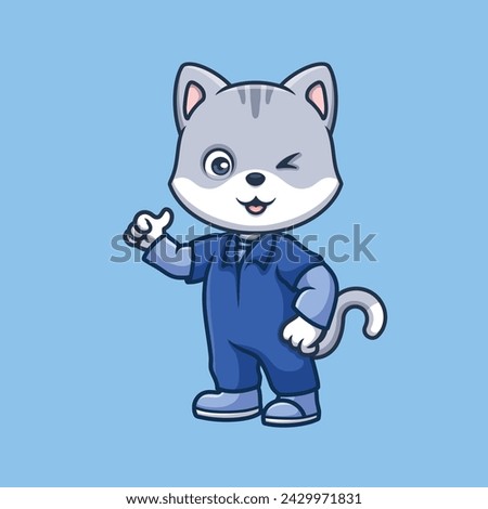 Mechanic Grey Cat Cute Cartoon Illustration