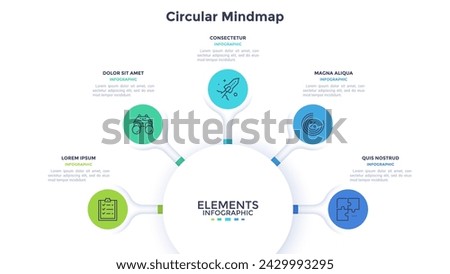 Business and innovative technology circular mindmap infographic design template. Corporate processes integrity visualization. Informative chart with 5 steps. Data presentation material Royalty-Free Stock Photo #2429993295