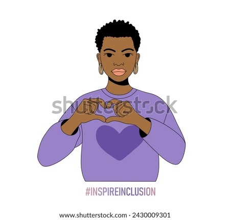 Black woman show heart hands gesture vector illustration. Inspire inclusion iwd 2024 sign and theme. International women's day banner. Girl power handwritten text Royalty-Free Stock Photo #2430009301