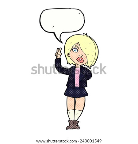 cartoon cool girl giving peace sign with speech bubble