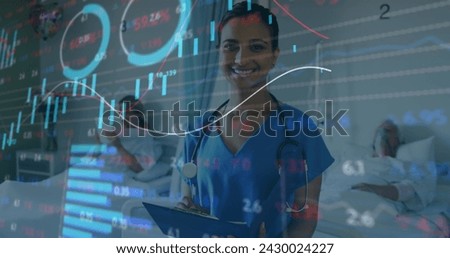 Image of data processing and statistics over female doctor with stethoscope. medicine, digital interface and data processing concept digitally generated image.