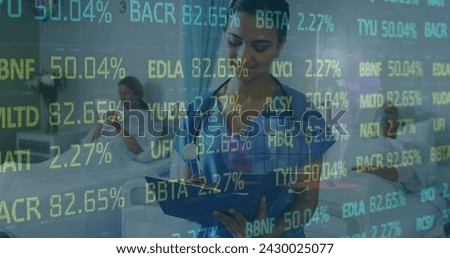 Image of data processing over female doctor with stethoscope. medicine, digital interface and data processing concept digitally generated image.