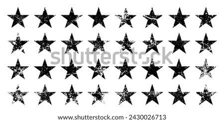 Vintage stars with cracks and stains. Old hand-drawn sign, black simple shape. Retro design element with distressed effect, grunge texture. Vector illustration