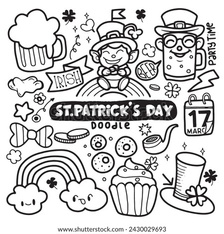 Hand drawn of St. Patrick's day doodle set. Cooking elements. Beer mugs, clover, pot of gold, hat in sketch style.  Hand drawn vector illustration isolated on white background.