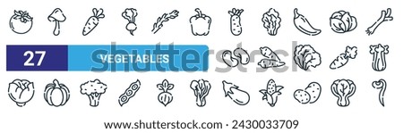 set of 27 outline web vegetables icons such as tomato, mushroom, parsnip, mustard, cassava, pumpkin, eggplant, bean vector thin line icons for web design, mobile app. Royalty-Free Stock Photo #2430033709