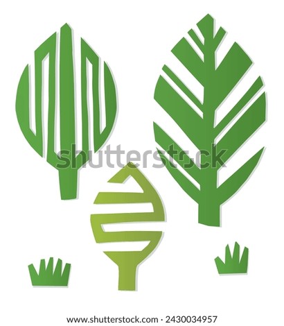 Set of papercut green trees. Hand carved elements for ecological theme collage 