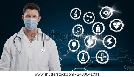 Multiple medical icons against portrait of caucasian male doctor adjusting his face mask. medical research and technology concept