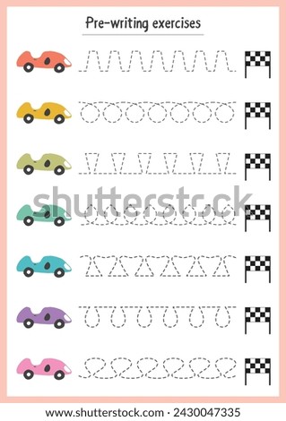 Basic writing exercises. Trace line worksheets for children. Preschool handwriting practice. Vector illustration. A4 - ready to print format. Royalty-Free Stock Photo #2430047335