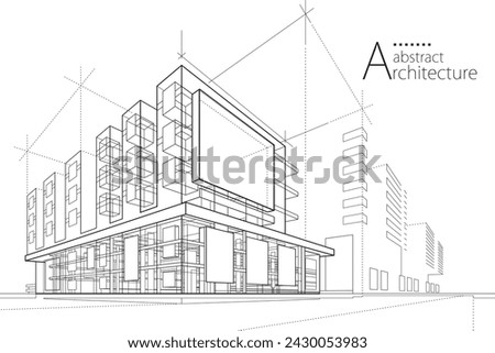 3D illustration abstract modern urban building out-line black and white drawing of imagination architecture building construction perspective design.  Royalty-Free Stock Photo #2430053983