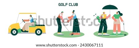 A person driving a cart on a golf course. A person who teaches golf. A caddy and a player holding an umbrella and carrying a golf bag. flat vector illustration.