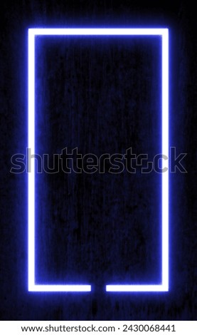 Dark wood wall background, blue neon light and rectangle shape with vertical banner.