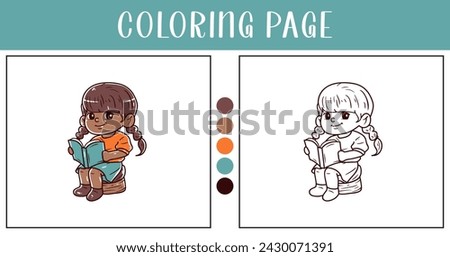 Girl reading a book coloring page section vector illustration