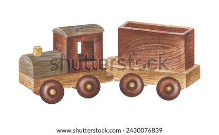 Toy wooden Train Watercolor illustration. Painting of Baby little car. Hand drawn clip art on white isolated background. For designing prints on t-shirts for boys. Empty wagon for a cute animal