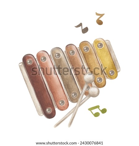 Xylophone Watercolor illustration. Drawing of Baby Toy Piano. Hand drawn clip art on white isolated background. Painting of musical instrument and notes. Educational children games