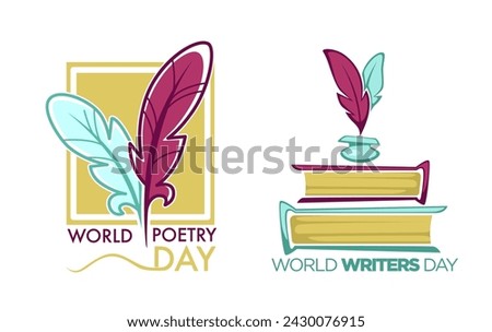 World or international poetry and writers day. Celebration of profound art of rhythmical composition. Template for banner or card with stack of books, inkwell and feather pens. Vector in flat style