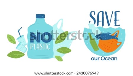 Nature problem and ecology threat to environmental safety and biodiversity. No plastic, save our ocean. Preservation and conservation. Garbage and waste pollution of water banner. Vector in flat style