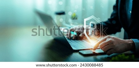 Business people, enhance your cyber security with cutting-edge solutions. Protect data, prevent threats, and ensure network safety with our expert services, safeguard data, and ensure online safety Royalty-Free Stock Photo #2430088485