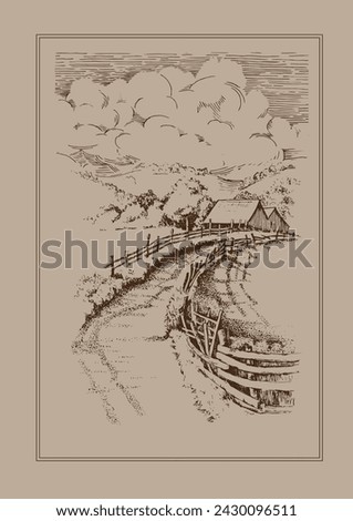 Rural scenery. Meadow, alkali, lye, grassland, pommel, lea, pasturage, farm. Rural scenery landscape panorama of countryside pastures. Vector sketch illustration
 Royalty-Free Stock Photo #2430096511