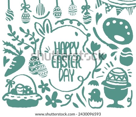 Happy Easter Day doodle, hand drawn with crayon. Egg pattern 
easter background pattern Vector illustration. Dark green layout draw with set of traditional Easter. rabbits, paint, carrots, spring, 
