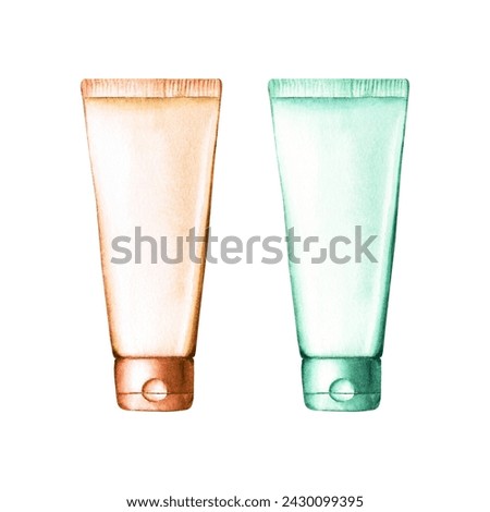 Set of green and brown plastic tubes for cream, lotion, mask, soap, shampoo. Hand drawn watercolor illustration isolated on white background. For clip art label package