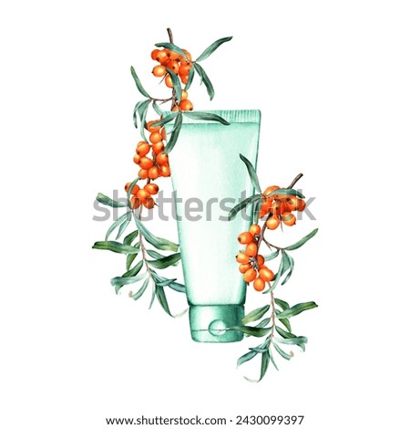 Composition with sea buckthorn branch and green plastic tube for cream, lotion, mask, soap, shampoo. Hand drawn watercolor illustration isolated on white background. For clip art label package