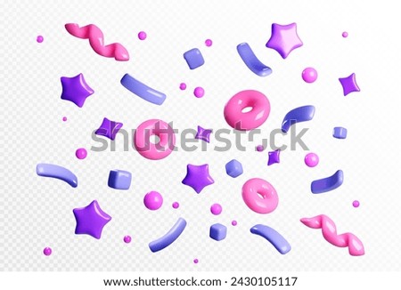 Party firecracker confetti 3d vector icon. Birthday or carnival firework or popper paper serpentine, star and elements for congratulation design. Winner and holiday celebration cracker flying shapes. Royalty-Free Stock Photo #2430105117