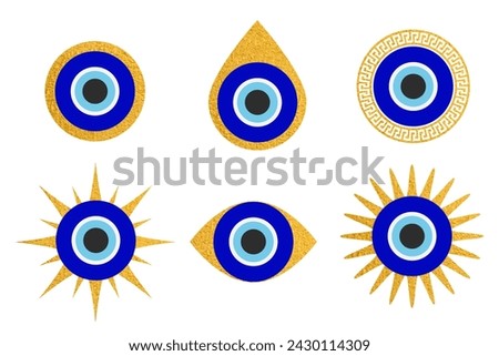 Evil eye blue Turkish symbol set. Magic nazar bead. Greece and Turkish amulet esoteric design for luck. Royalty-Free Stock Photo #2430114309