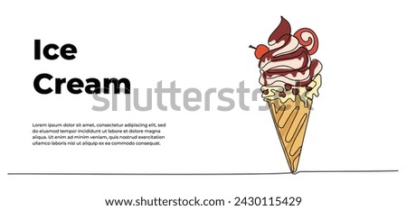 Ice cream cone one continuous line design. Restaurant food menu design concept. Decorative elements drawn on a white background.