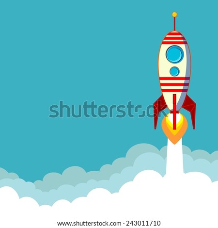 Stock Vector Illustration of a Cartoon Flying Rocket with Illyuminotor and Flames from the Engine with space for text in the clouds.  Contour vector