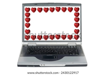 Laptop Computer. Hearts. Valentines Day Hearts. Isolated on white. Room for text. Love Symbol. Note Pad. Message Pad. Peace and Love. Love Symbol. Heart Frame. Human Hearts. Love Hearts. Sweet Heart.