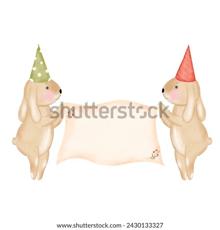 Cute bunnies with a poster for congratulations. Watercolor hand drawing of cartoon bunnies in birthday caps holding a poster for an inscription. Clip art of forest animals on isolated white background