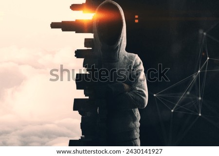 Hacker in hoodie standing on abstract concrete city and sunset polygonal background. Hacking and malware concept. Double exposure
