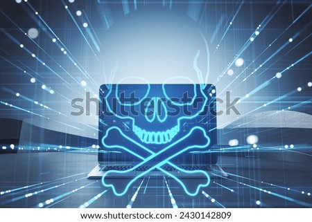 A conceptual image showing a laptop displaying a large skull and crossbones, symbolizing cybersecurity threats and internet dangers