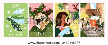 Spring card backgrounds set. Cute postcards, flowers, bird, nature, girl on bicycle, picnic in park. Springtime season posters designs, modern women outdoors. Flat graphic vector illustrations