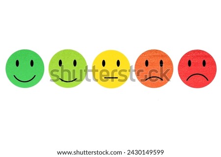 Emotion feedback scale. Includes such emoticon as angry, sad, neutral, joy and happy expression, arranged into a horizontal row. Customer's service and evaluation review sign. 